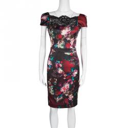 Pre Owned Just Cavalli Multicolor Floral Printed Satin Lace Neck Detail Sleeveless Dress S