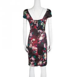 Pre Owned Just Cavalli Multicolor Floral Printed Satin Lace Neck Detail Sleeveless Dress S