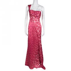 Pre Owned Just Cavalli Pink Leopard Printed Satin Pleat Detail One Shoulder Maxi Dress S