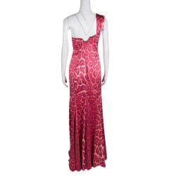 Pre Owned Just Cavalli Pink Leopard Printed Satin Pleat Detail One Shoulder Maxi Dress S