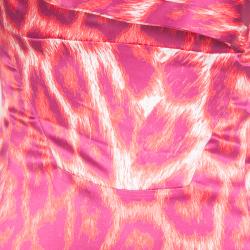 Pre Owned Just Cavalli Pink Leopard Printed Satin Pleat Detail One Shoulder Maxi Dress S