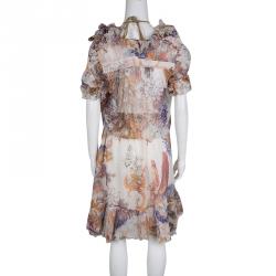 Pre Owned Just Cavalli Multicolor Floral Printed Ruffle Detail Silk Chiffon Dress S