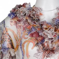 Pre Owned Just Cavalli Multicolor Floral Printed Ruffle Detail Silk Chiffon Dress S