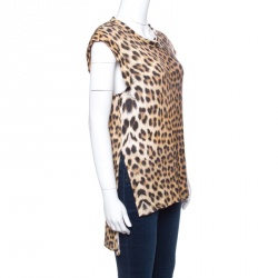 Pre Owned Just Cavalli Leopard Printed Jersey High Low Top M