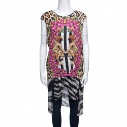 Pre Owned Just Cavalli Floral and Animal Printed Jersey High Low Sleeveless Tunic S