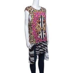 Pre Owned Just Cavalli Floral and Animal Printed Jersey High Low Sleeveless Tunic S