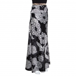 Pre Owned Just Cavalli Black Floral and Butterfly Printed Satin Flared Maxi Skirt M