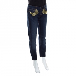 Pre Owned Just Cavalli Indigo Dark Wash Lurex Wings Embroidered Tapered Jeans M