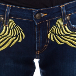 Pre Owned Just Cavalli Indigo Dark Wash Lurex Wings Embroidered Tapered Jeans M