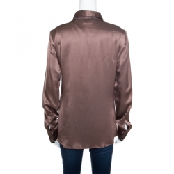 Pre Owned Just Cavalli Brown Silk Satin Animal Printed Trim Long Sleeve Shirt M