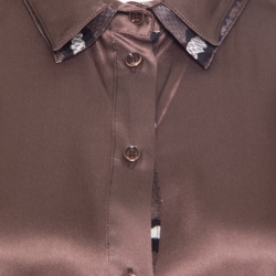 Pre Owned Just Cavalli Brown Silk Satin Animal Printed Trim Long Sleeve Shirt M