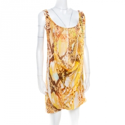 Pre Owned Just Cavalli Yellow Snake Skin Print Layered Cowl Neck Sleeveless Dress XS