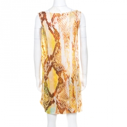 Pre Owned Just Cavalli Yellow Snake Skin Print Layered Cowl Neck Sleeveless Dress XS