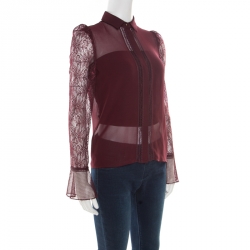 Pre Owned Just Cavalli Burgundy Floral Lace Insert Blouse S