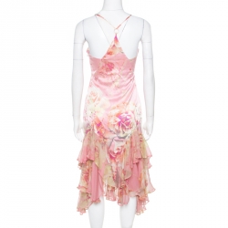 Pre Owned Just Cavalli Pink and Yellow Printed Silk Ruffled Hem Detail Sleeveless Dress M