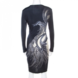 Pre Owned Just Cavalli Navy Blue Feather Printed Jersey Long Sleeve Bodycon Dress M