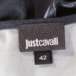 Pre Owned Just Cavalli Navy Blue Feather Printed Jersey Long Sleeve Bodycon Dress M