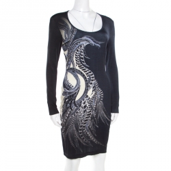 Pre Owned Just Cavalli Navy Blue Feather Printed Jersey Long Sleeve Bodycon Dress M
