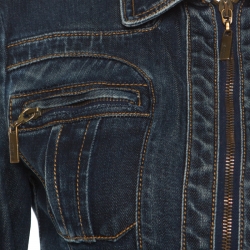 Pre Owned Just Cavalli Indigo Dark Wash Faded Effect Denim Cropped Zip Front Jacket XS