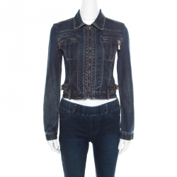Pre Owned Just Cavalli Indigo Dark Wash Faded Effect Denim Cropped Zip Front Jacket XS