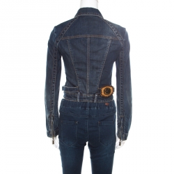 Pre Owned Just Cavalli Indigo Dark Wash Faded Effect Denim Cropped Zip Front Jacket XS
