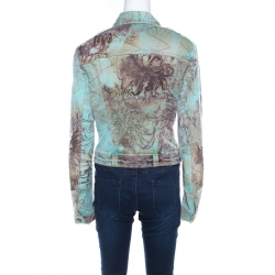 Pre Owned Just Cavalli Mint and Brown Distressed Lace Overlay Printed Denim Jacket L