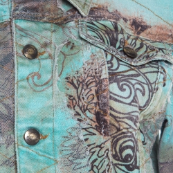 Pre Owned Just Cavalli Mint and Brown Distressed Lace Overlay Printed Denim Jacket L