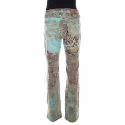 Pre Owned Just Cavalli Mint and Brown Distressed Lace Overlay Printed Denim Flared Jeans M