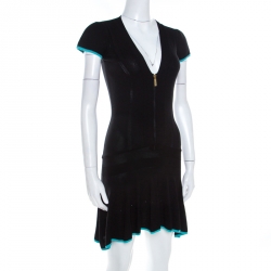 Pre Owned Just Cavalli Black Rib Stretch Knit V Neck Flounce Dress S