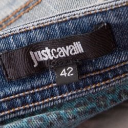 Pre Owned Just Cavalli Indigo Light Wash Denim Leopard Print Trim Mini Skirt M