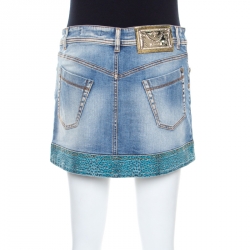 Pre Owned Just Cavalli Indigo Light Wash Denim Leopard Print Trim Mini Skirt M