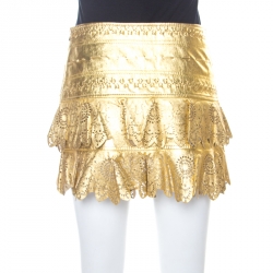 Pre Owned Just Cavalli Gold Leather Embroidered Laser Cut Skirt XS