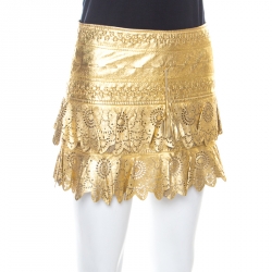 Pre Owned Just Cavalli Gold Leather Embroidered Laser Cut Skirt XS