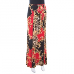 Pre Owned Just Cavalli Red and Black Baroque Print Paneled Maxi Skirt M
