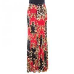 Pre Owned Just Cavalli Red and Black Baroque Print Paneled Maxi Skirt M