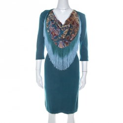Pre Owned Just Cavalli Teal Blue Stretch Jersey Fringe Detail Dress M