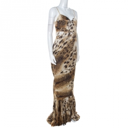 Pre Owned Just Cavalli Multicolor Animal Print Satin Pleated Hemline Sleeveless Dress L