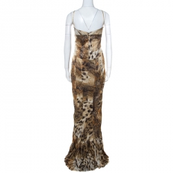 Pre Owned Just Cavalli Multicolor Animal Print Satin Pleated Hemline Sleeveless Dress L