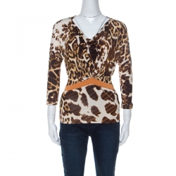 Pre Owned Just Cavalli Brown Animal Printed Jersey Top XS 