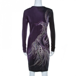 Pre Owned Just Cavalli Purple Feather Printed Jersey Long Sleeve Bodycon Dress M