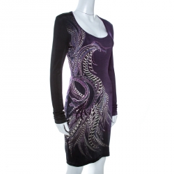 Pre Owned Just Cavalli Purple Feather Printed Jersey Long Sleeve Bodycon Dress M
