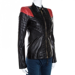 Pre Owned Just Cavalli Black & Red Lamb Leather Quilted Jacket S