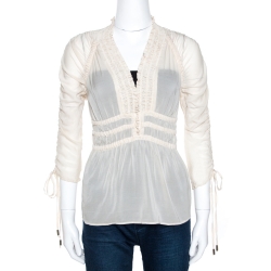 Just Cavalli Cream Stretch Silk Ruched Detail Top S