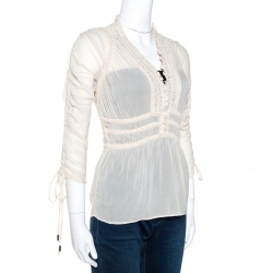 Just Cavalli Cream Stretch Silk Ruched Detail Top S