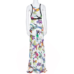 Pre Owned Just Cavalli White Floral Print Jersey Cutout Detail Maxi Dress S