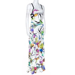 Pre Owned Just Cavalli White Floral Print Jersey Cutout Detail Maxi Dress S