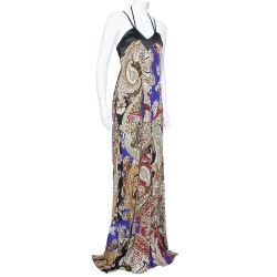 Pre Owned Just Cavalli  Multicolor Abstract Printed Knit Halter Neck Flared Maxi Dress M