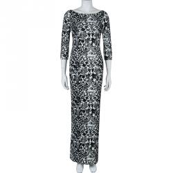 Pre Owned Just Cavalli Monochrome Floral Flock Print Sequin Embellished Maxi Dress S