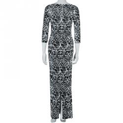 Pre Owned Just Cavalli Monochrome Floral Flock Print Sequin Embellished Maxi Dress S