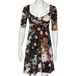 Black Floral Printed Jersey Ruched Sleeve Detail Mini Dress